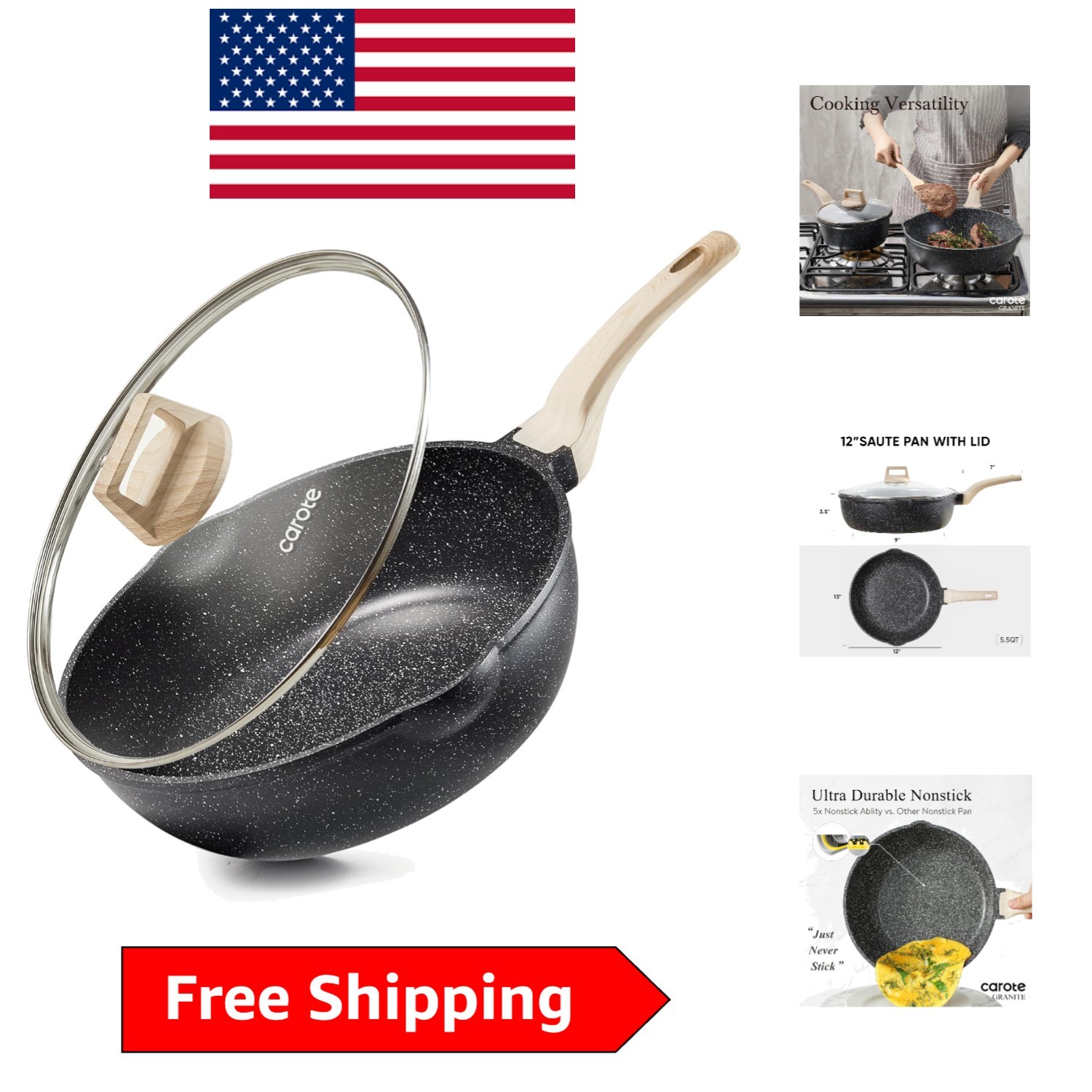 Classic Granite 12″ Deep Frying Pan with Ergonomic Lid & Double Pouring Spout