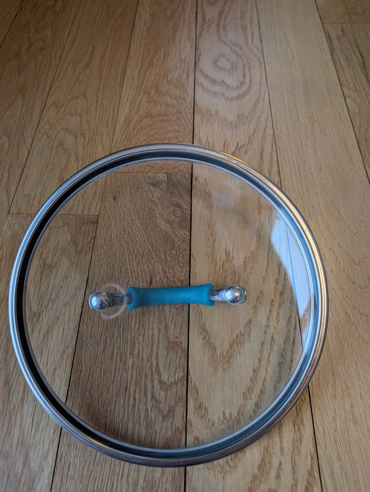 Unbranded Round Glass Replacement Lid 10″ OD 9 3/8″ ID Teal Rubber Handle