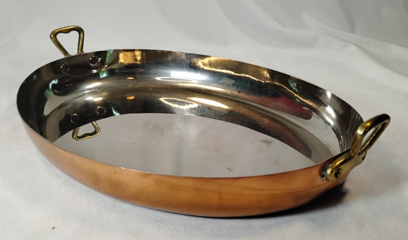French Style Copper Cookware Au Gratin Pan Brass Oval 12.5″ Stainless