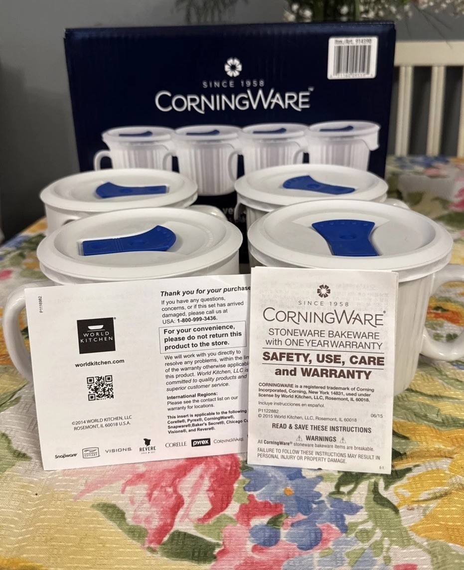 New CorningWare Pop-Ins 20oz White Mugs With Vented Covers – Set of 4 with Lids