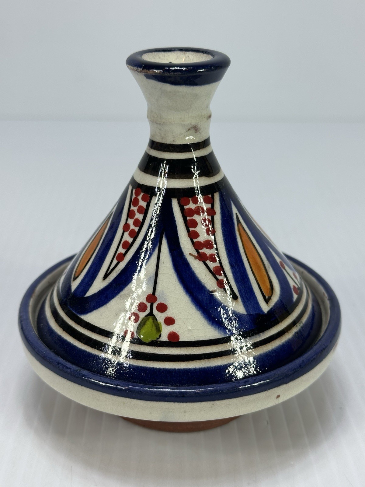 Vintage Small Moroccan Terracotta Tagine Pot Hand Painted Glazed Morocco Signed