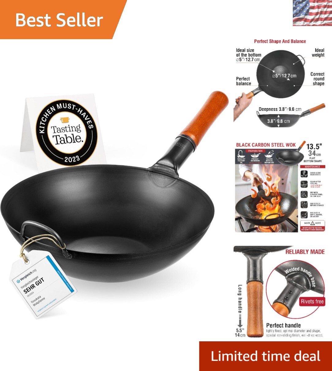 Versatile 13.5-Inch Carbon Steel Wok – Perfect for Induction, Gas, or Open Fire