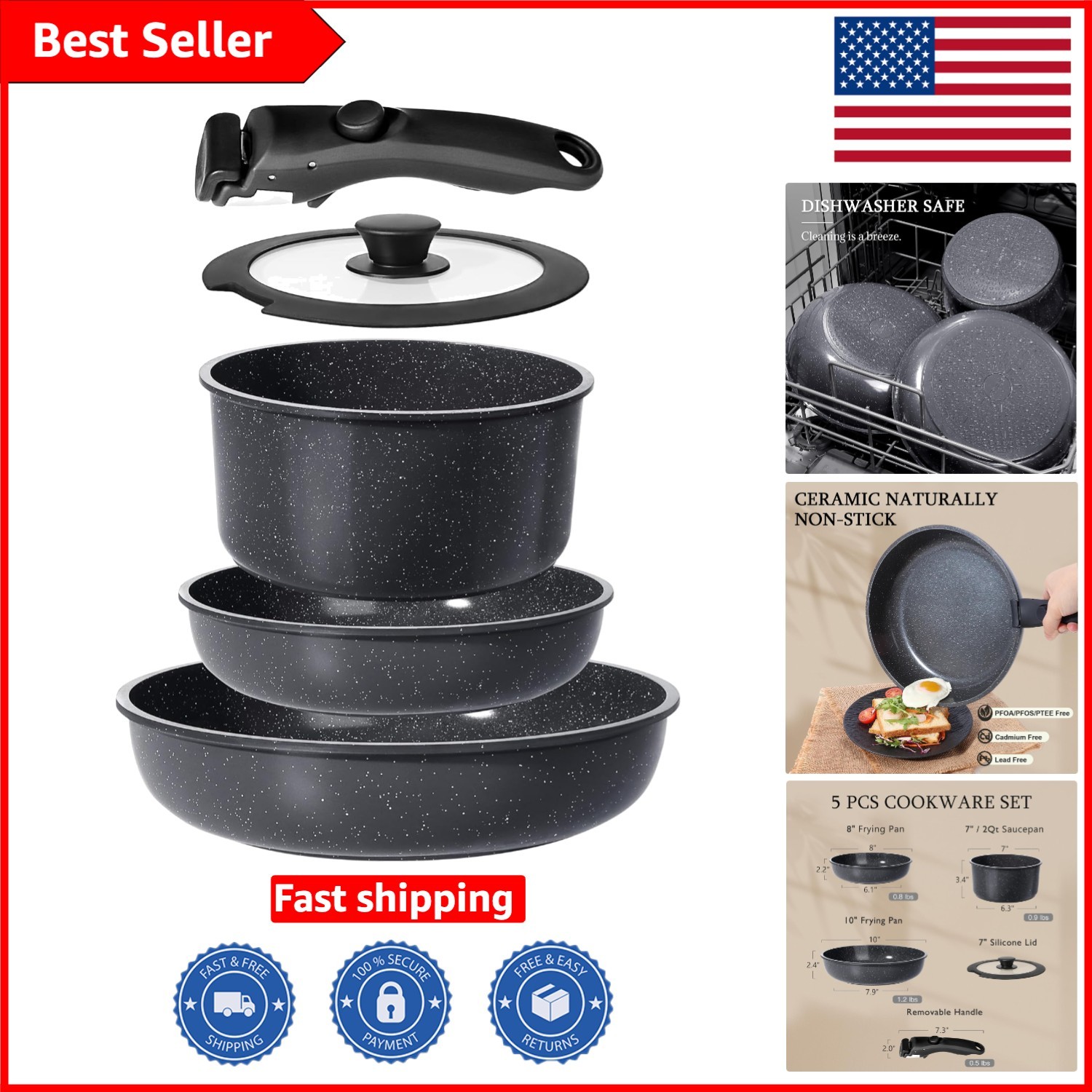 Compact 5-Piece Nonstick Cookware Set – Dishwasher & Oven Safe for Easy Cooking