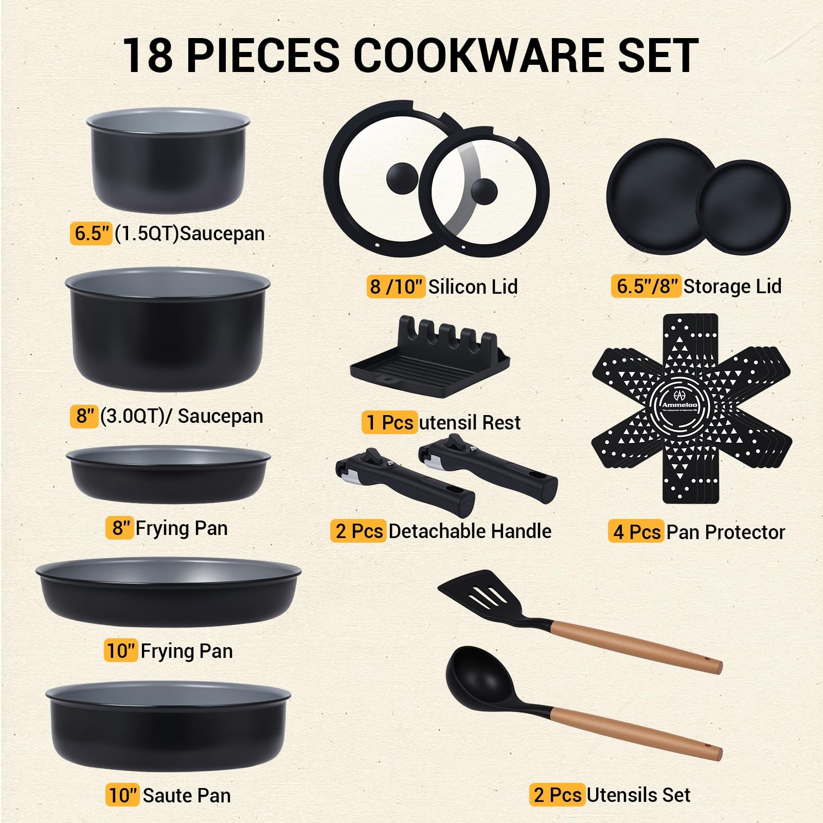 Ammeloo 18 Pcs Pots and Pans Set Non Stick, Induction Ceramic Cookware Set with