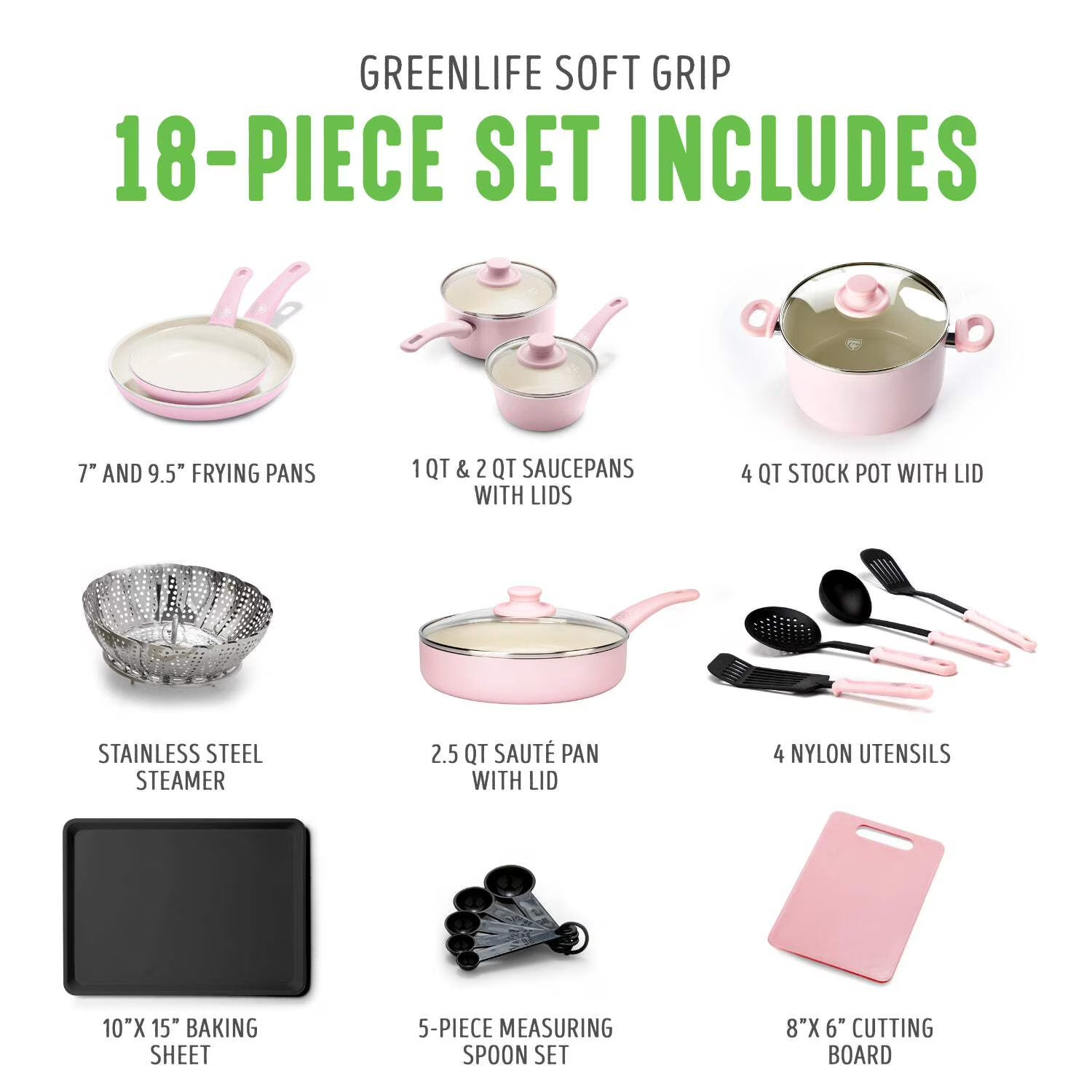 GreenLife 18-Piece Soft Grip Toxin-Free Healthy Ceramic Non-Stick Cookware Set