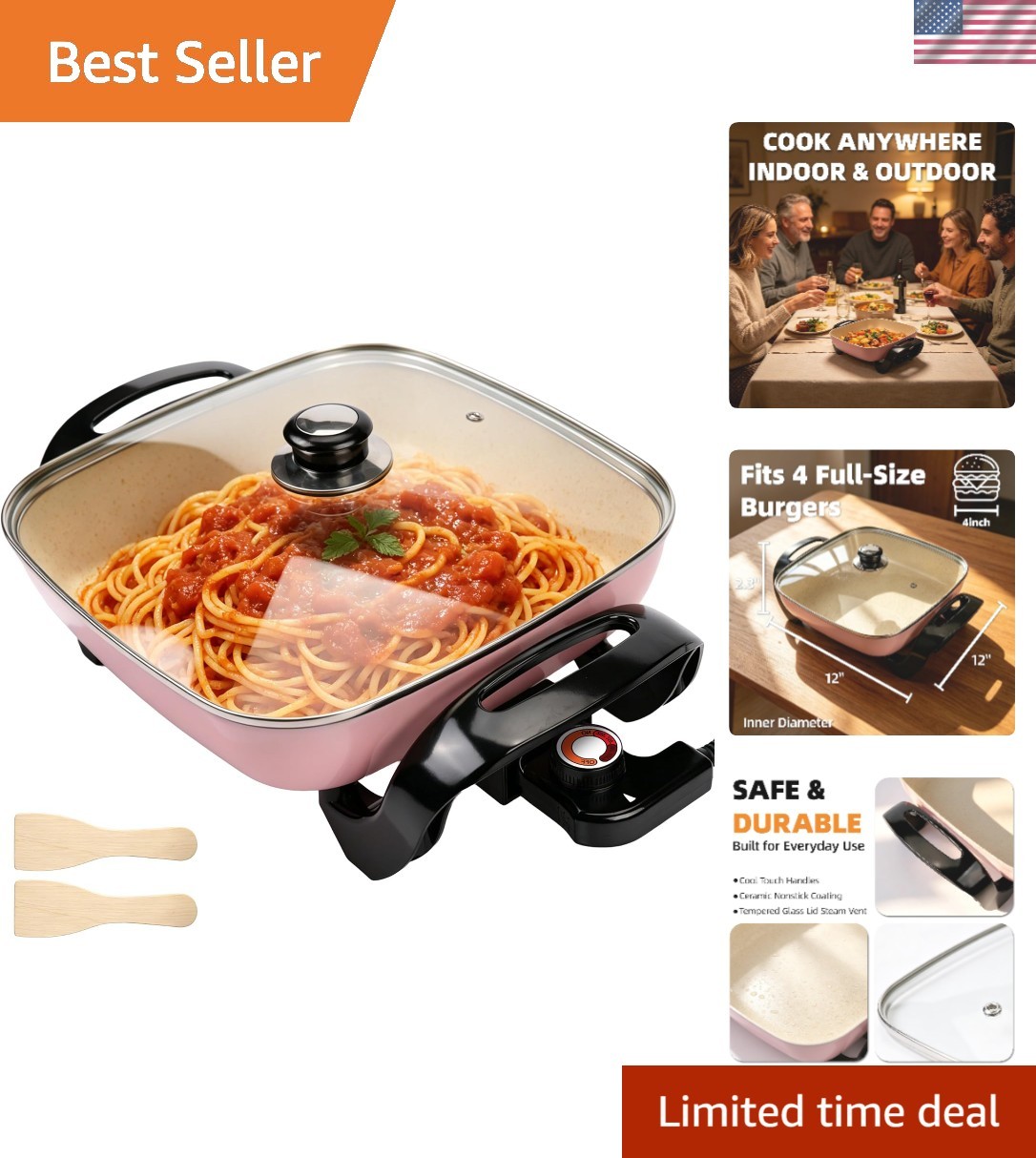 Compact 12” Ceramic Electric Skillet with Tempered Glass Lid – 1200W Efficiency
