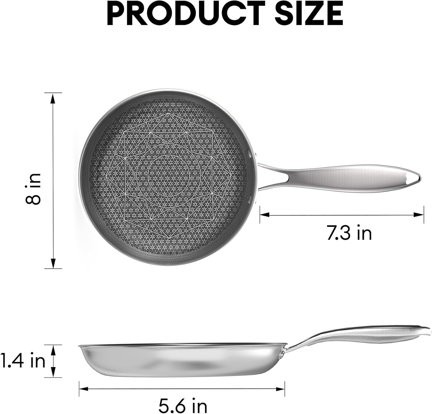 COOKING KING 8-Inch Stainless Steel Pan, Hybrid Nonstick Frying Pan, Skillet, 3-