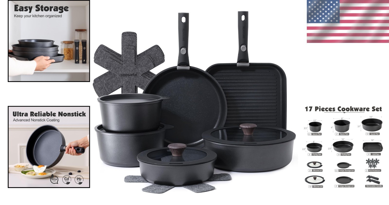 17 Piece Nonstick Cookware Set with Removable Handle Induction Safe Kitchen P…