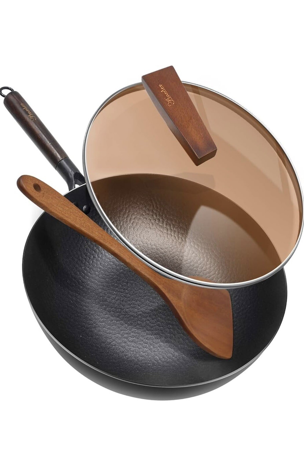 Aneder Carbon Steel Wok Pan with Lid & Wood Spatula Brand New 12.5″