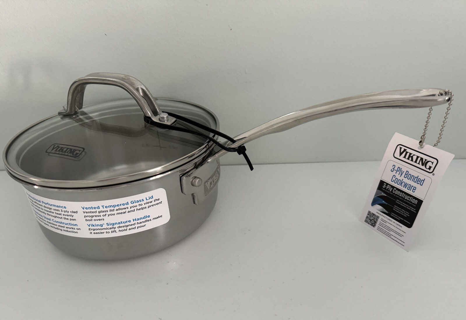 NEW VIKING 3-PLY STAINLESS STEEL SMALL SAUCEPAN WITH GLASS LID HANDLE 1.5QT 1.4L