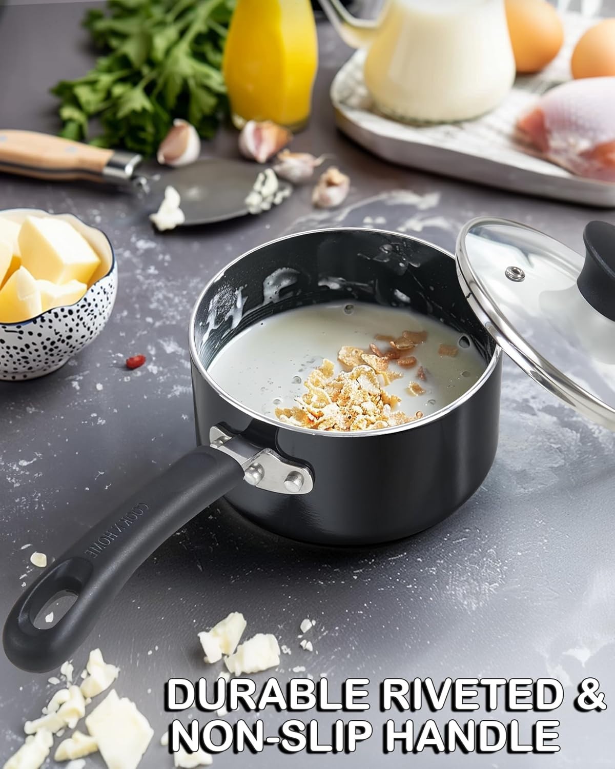 Basic 3 Quart Nonstick Saucepan with Glass Lid, Non Stick Aluminum Sauce Pan,…