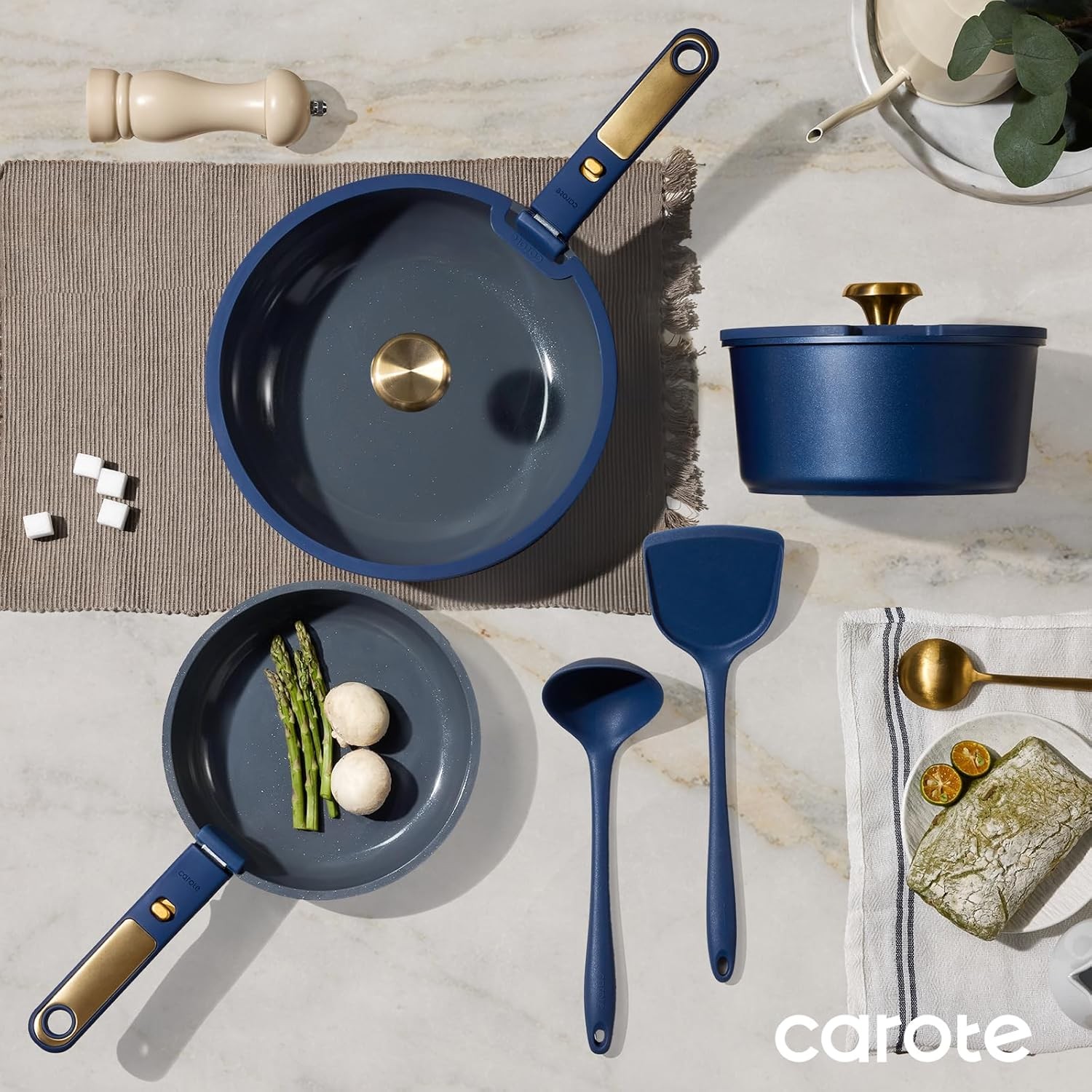 CAROTE Blue&Gold Ceramic Cookware Set Non Toxic, PFAS Free,15Pcs Pots and Pans S