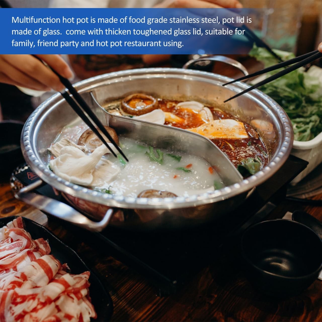 Stainless Steel Split Hot Pot with Lid 12.6 Inch Dual Section Induction Cooker