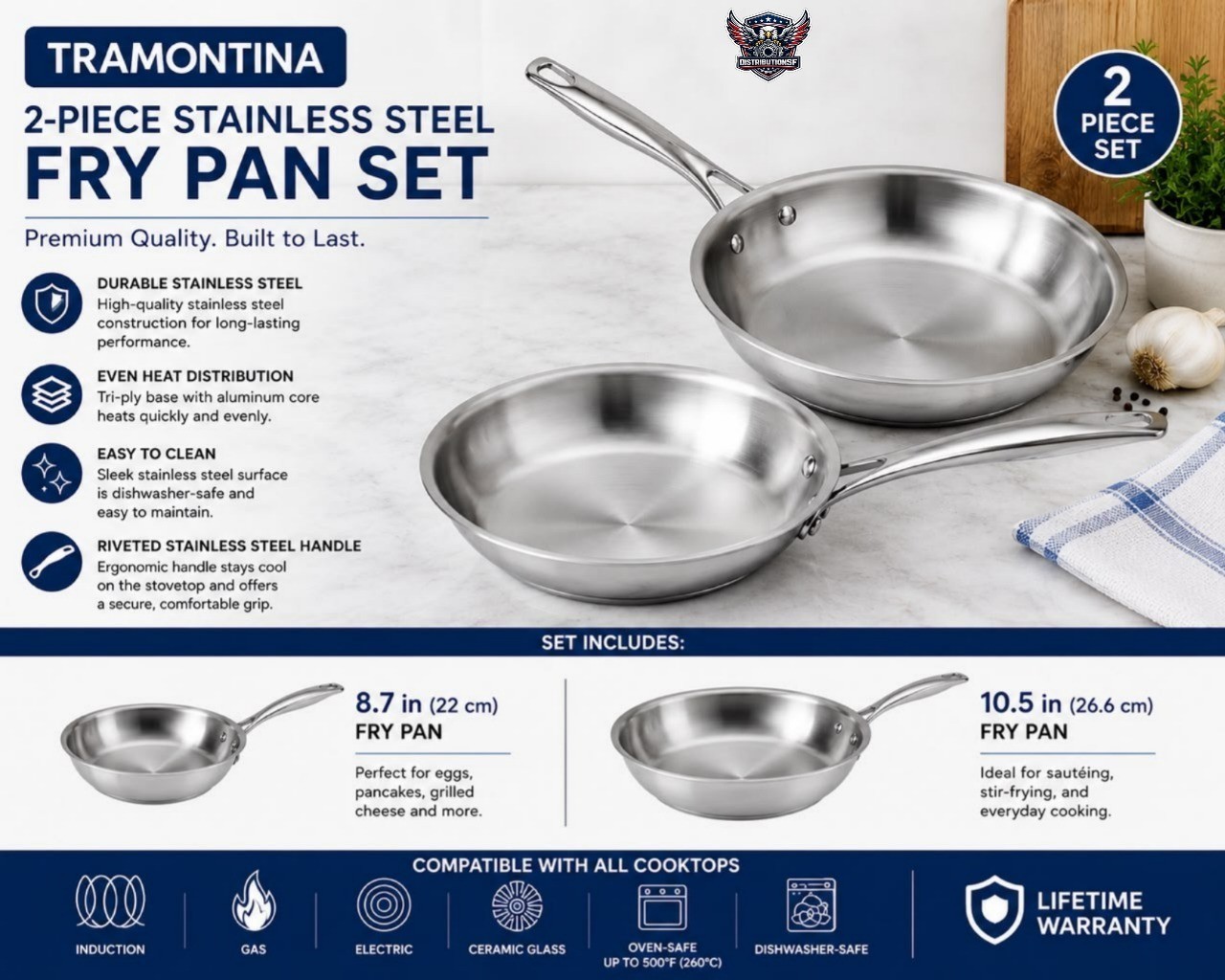 Tramontina 2-Piece Tri-Ply Stainless Steel Fry Pan Set 8.7” & 10.5” Induction