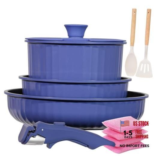 11 Piece Pots and Pans Set Nonstick with Removable Handle, Induction Blue