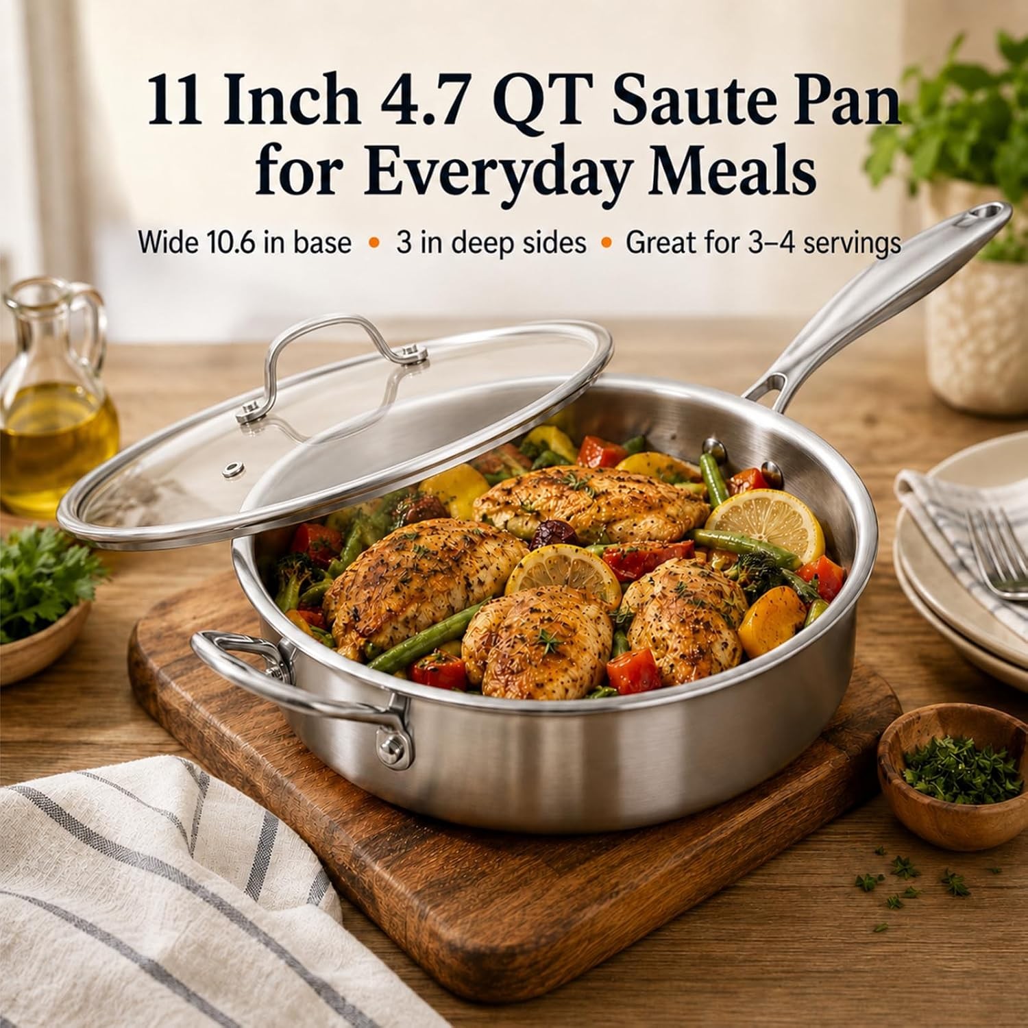 11 Inch Tri-Ply Stainless Steel Saute Pan with Glass Lid, 4.7 QT Deep Skillet