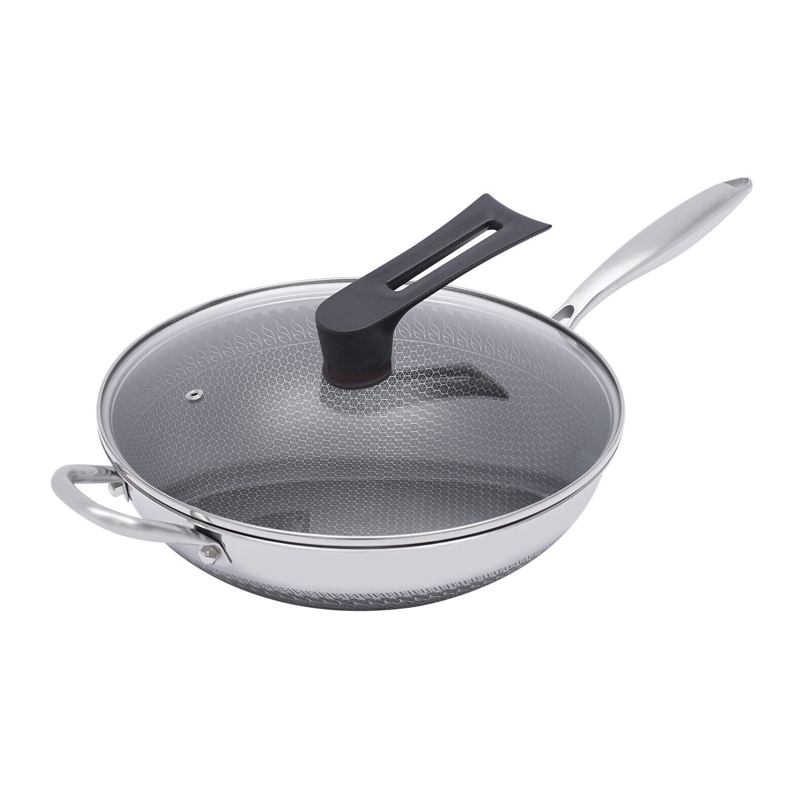 Non Stick Double Sided Honeycomb Cooking Frying Wok Pan with Lid Stainless Steel