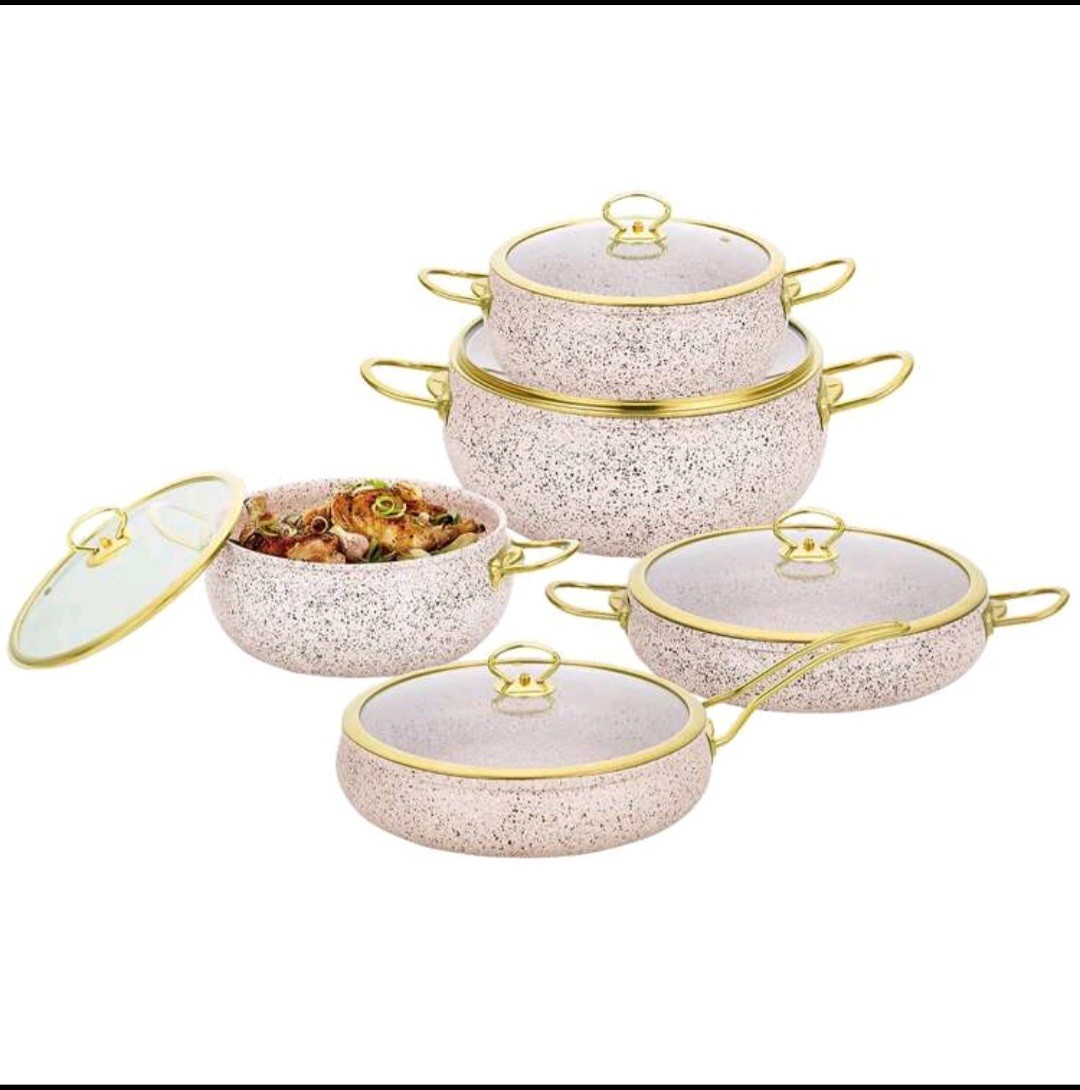 10-Piece Nonstick Metal Cookware Pan Set w/ Lids, ivory/Gold, Gas, 20-28cm