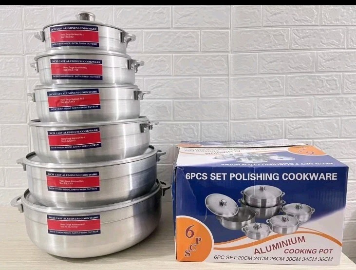 Six-Piece Aluminum Pan Set Satin Finish Silver with Lids Gas Electric 20-36cm