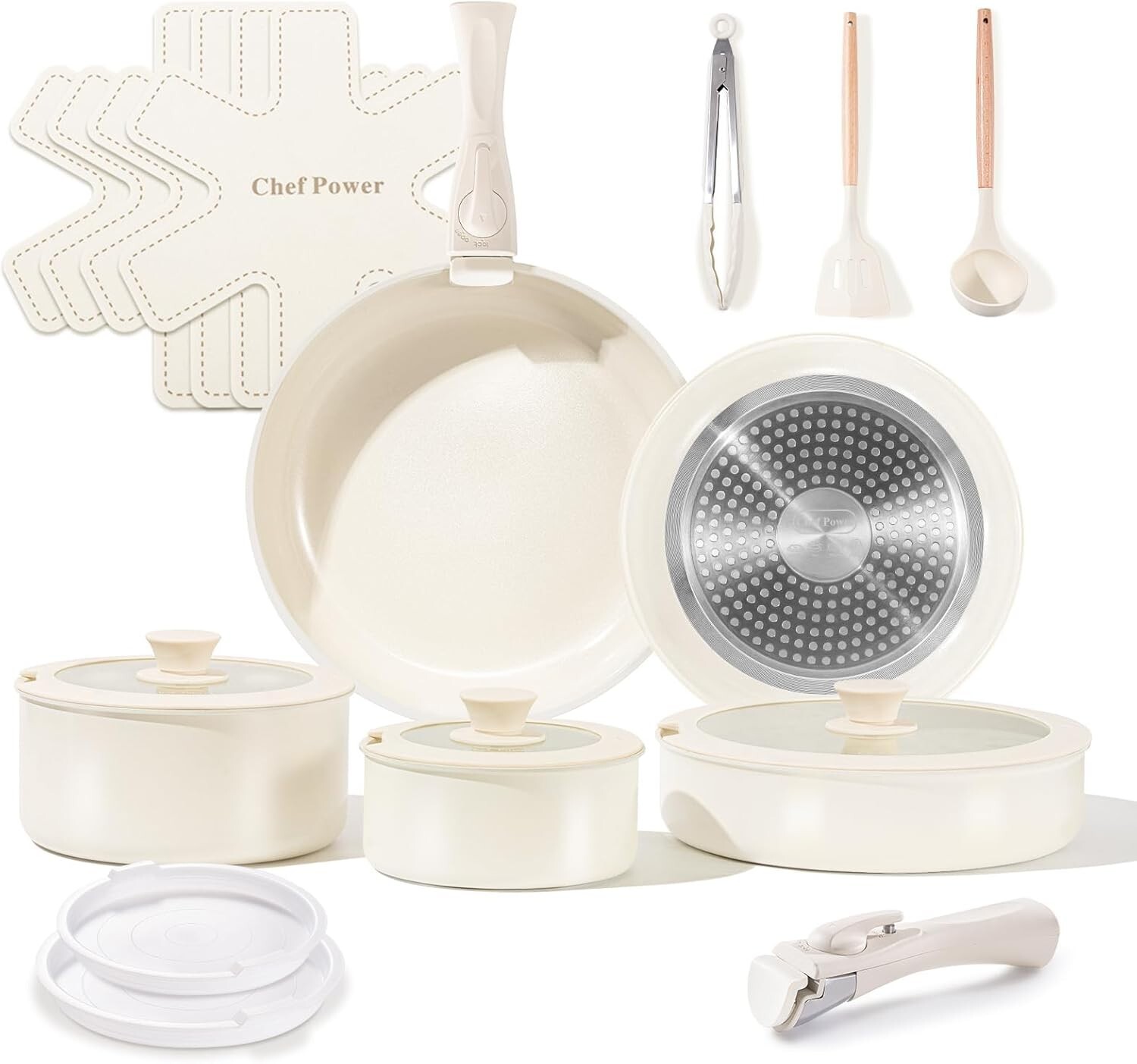 19pc Pots & Pans Set, Nonstick Ceramic Cookware Set Detachable Handle, Cream