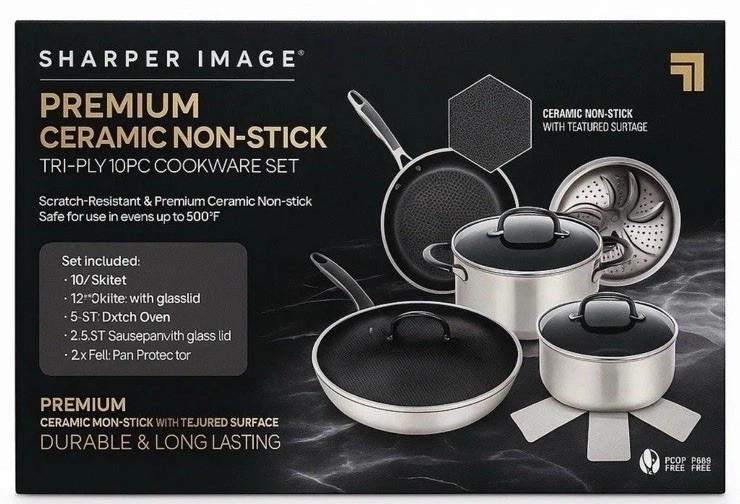 Sharper image Premium Cookware set 10pc ceramic non stick Tri-ply Stainless New