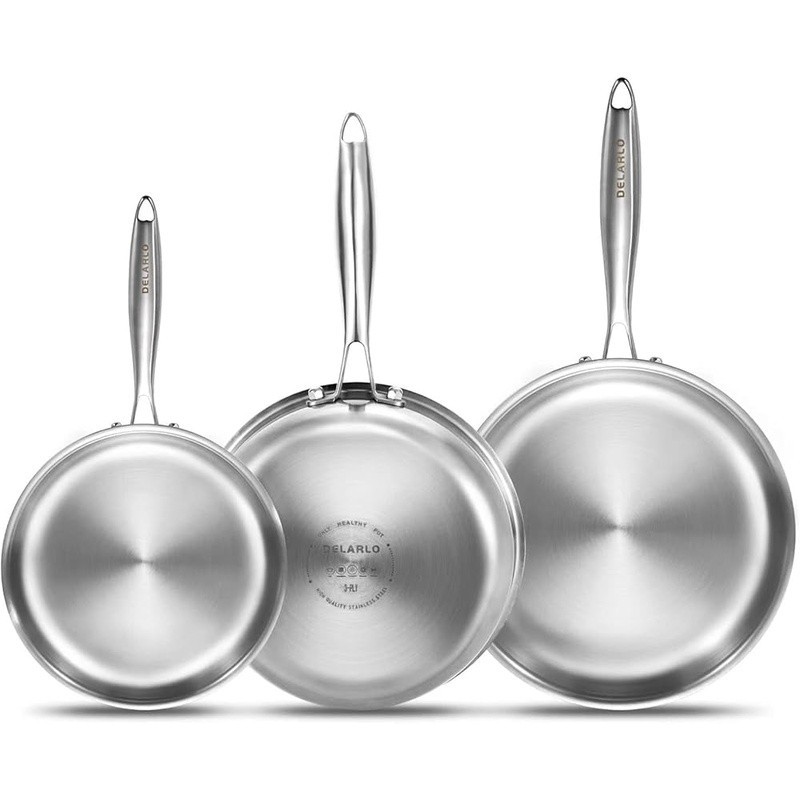 Tri-Ply Stainless Steel Frying Pan Set Ergonomic Handle Induction Safe Kitchen