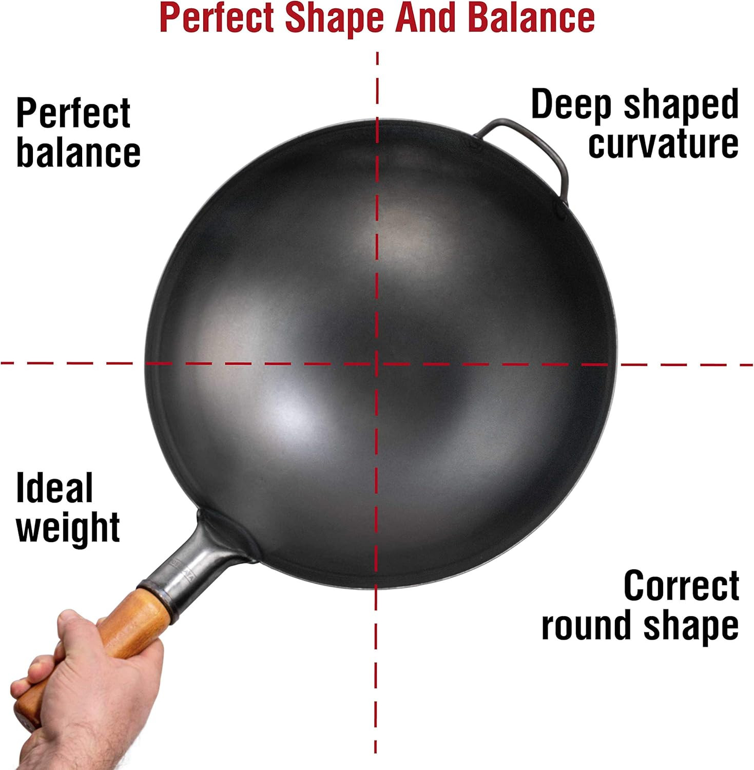 14″ Carbon Steel Wok with round Bottom – Pre-Seasoned Pow Wok for Stir Fry – Tra