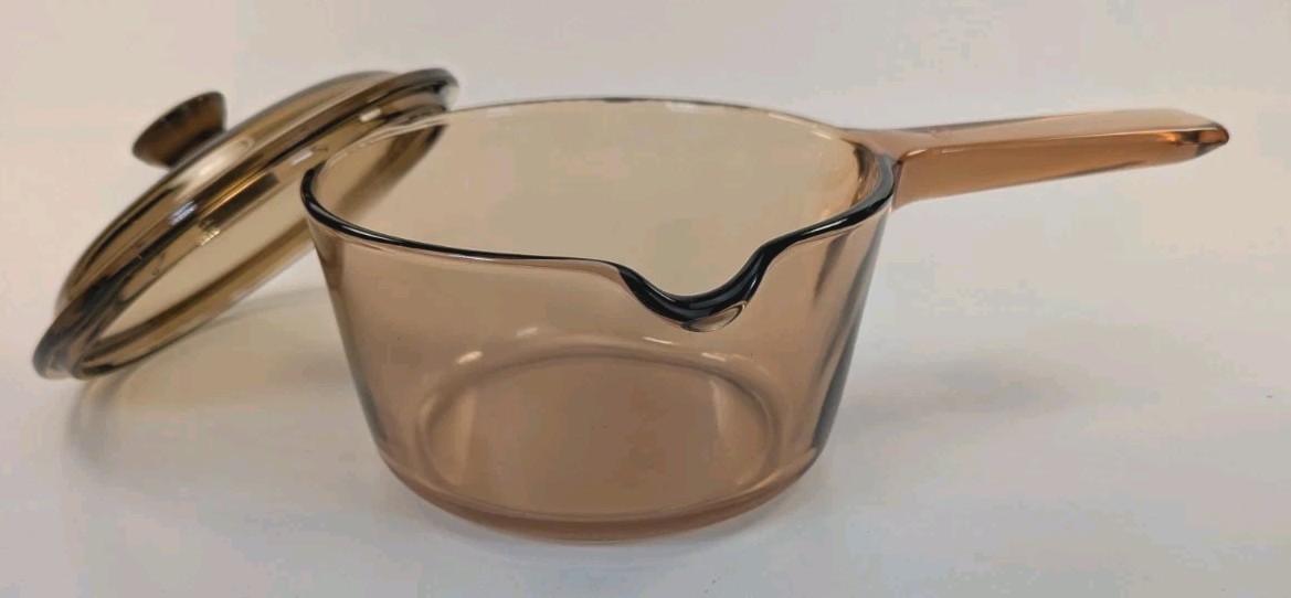 Corning Vision Ware 1L Amber Glass Sauce Pan W/Pyrex Lid w/Pour Spout USA Glass