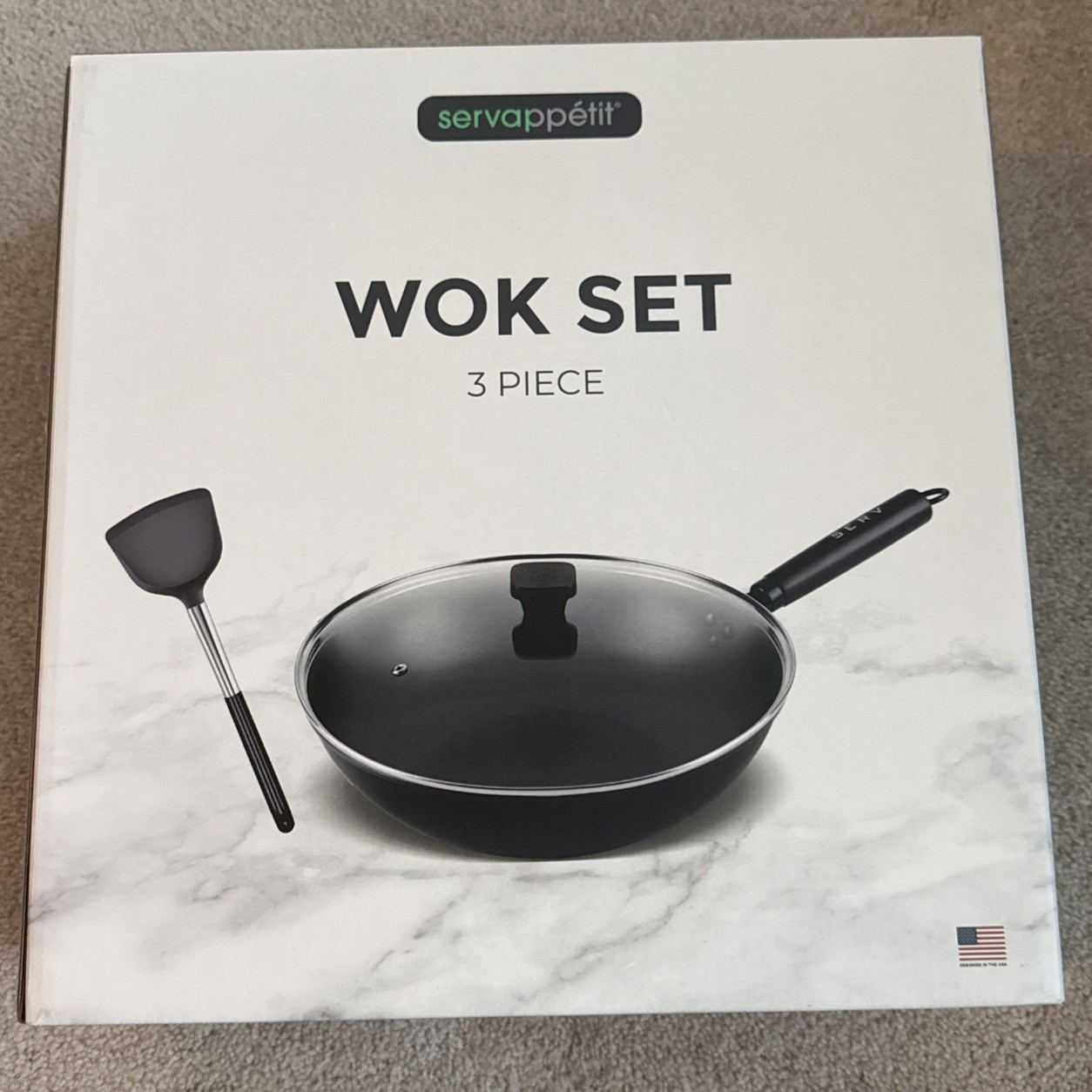 Servappétit Servappetit Wok Set 3 Piece Nonstick Pan Glass Lid Spatula NEW
