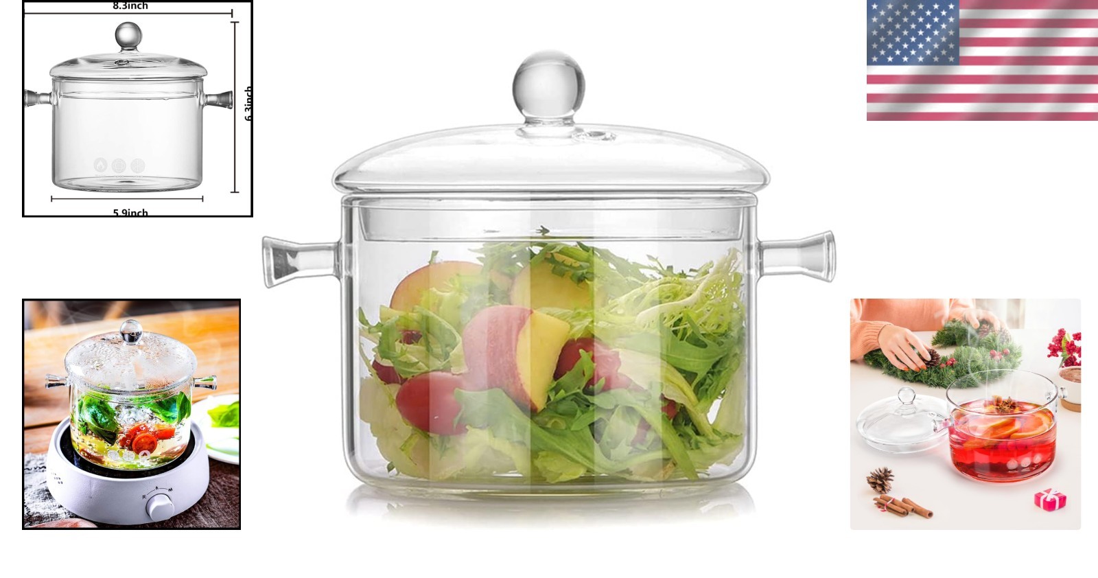 Glass Cookware Set Simmer Pot 1.7L Heat-Resistant Borosilicate Safe for Stove