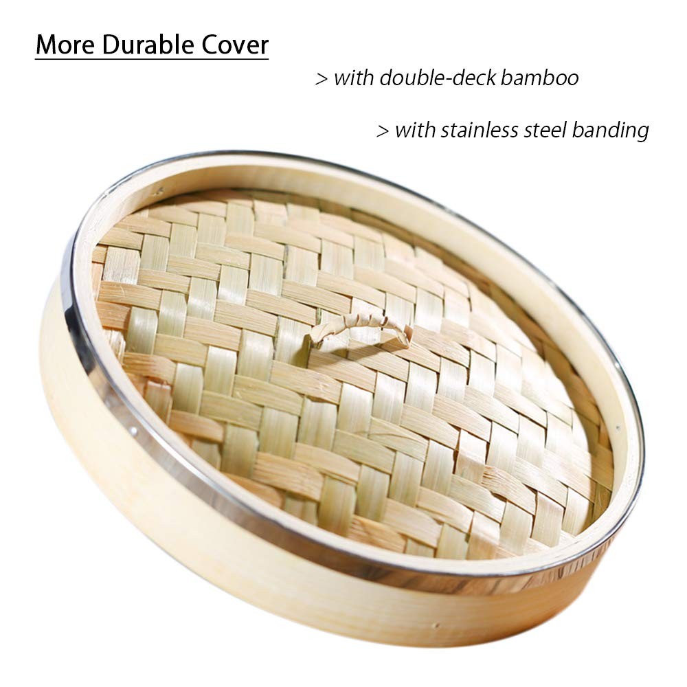 Hcooker 3-Tier Kitchen Bamboo Steamer Stainless Steel Rings For Asian 3
