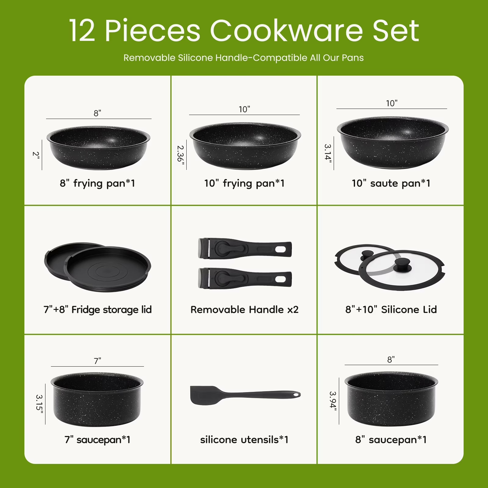 Gianna 12 Pcs Non-Stick Cookware Set, Pots and Pans Set, with Spatula & Detachab