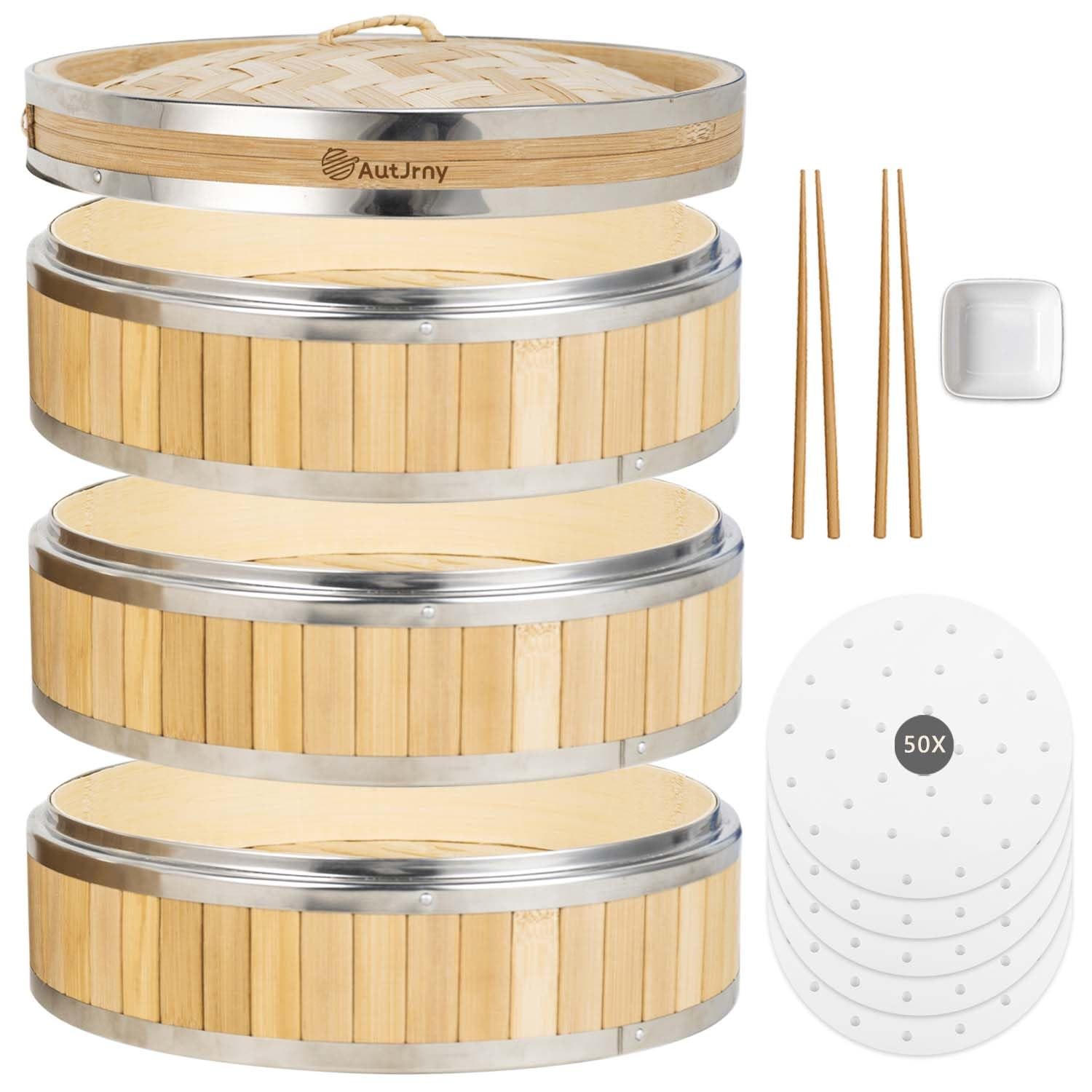 11.8-Inch Vertical Bamboo Steamer Basket, 3-Tier with Stainless Steel Rings |…