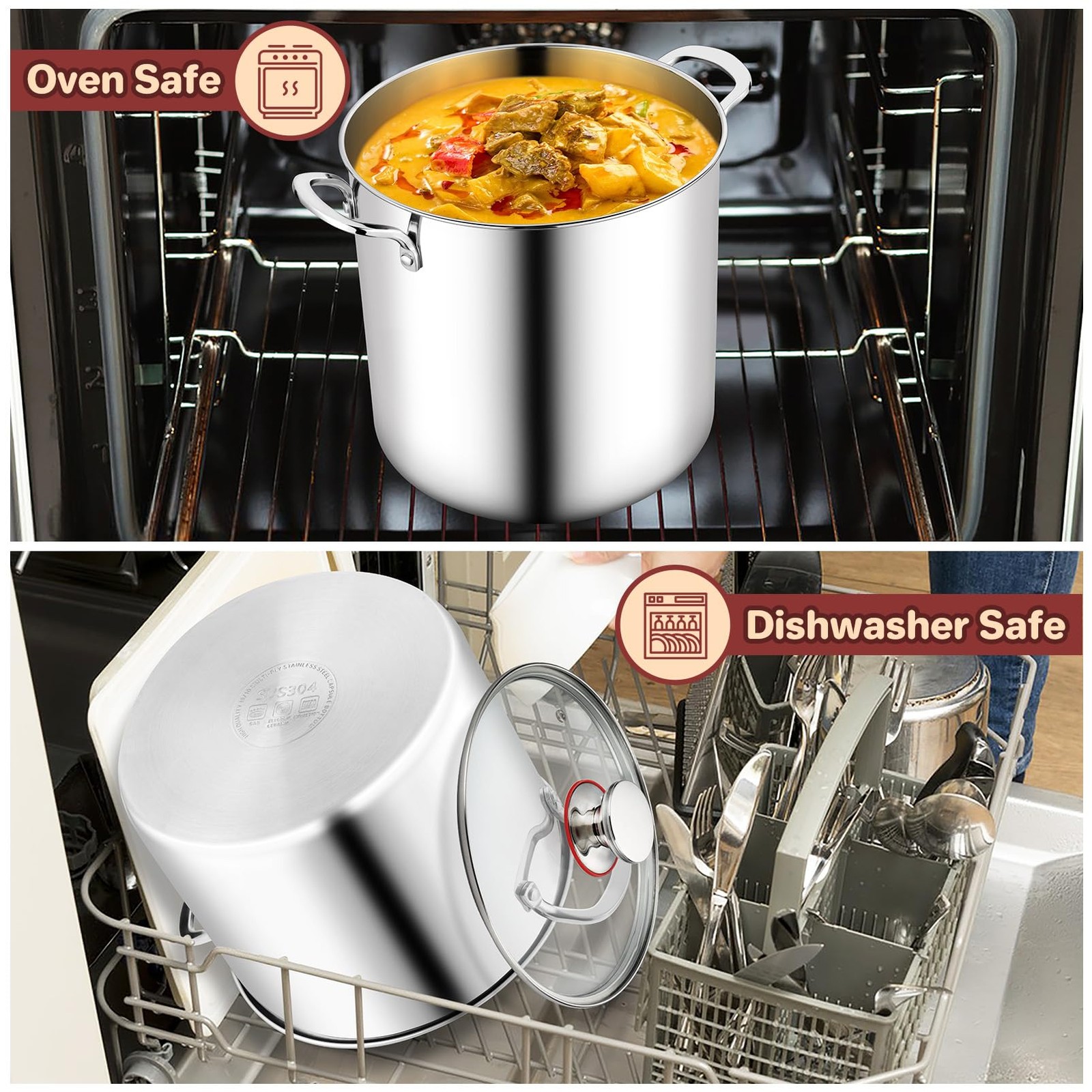 TeamFar 12 Quart Stock Pot, Stainless Steel Tri-ply Stockpot Large Pasta Soup Co