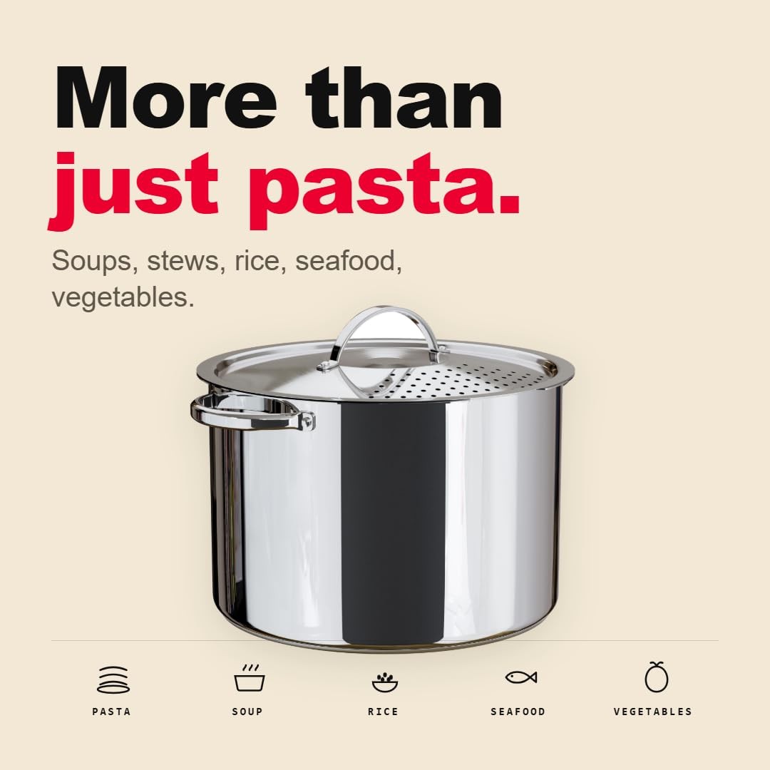 Stainless Steel Pasta Pot with Strainer Lid — 5.5 Qt Large Capacity Spaghetti…