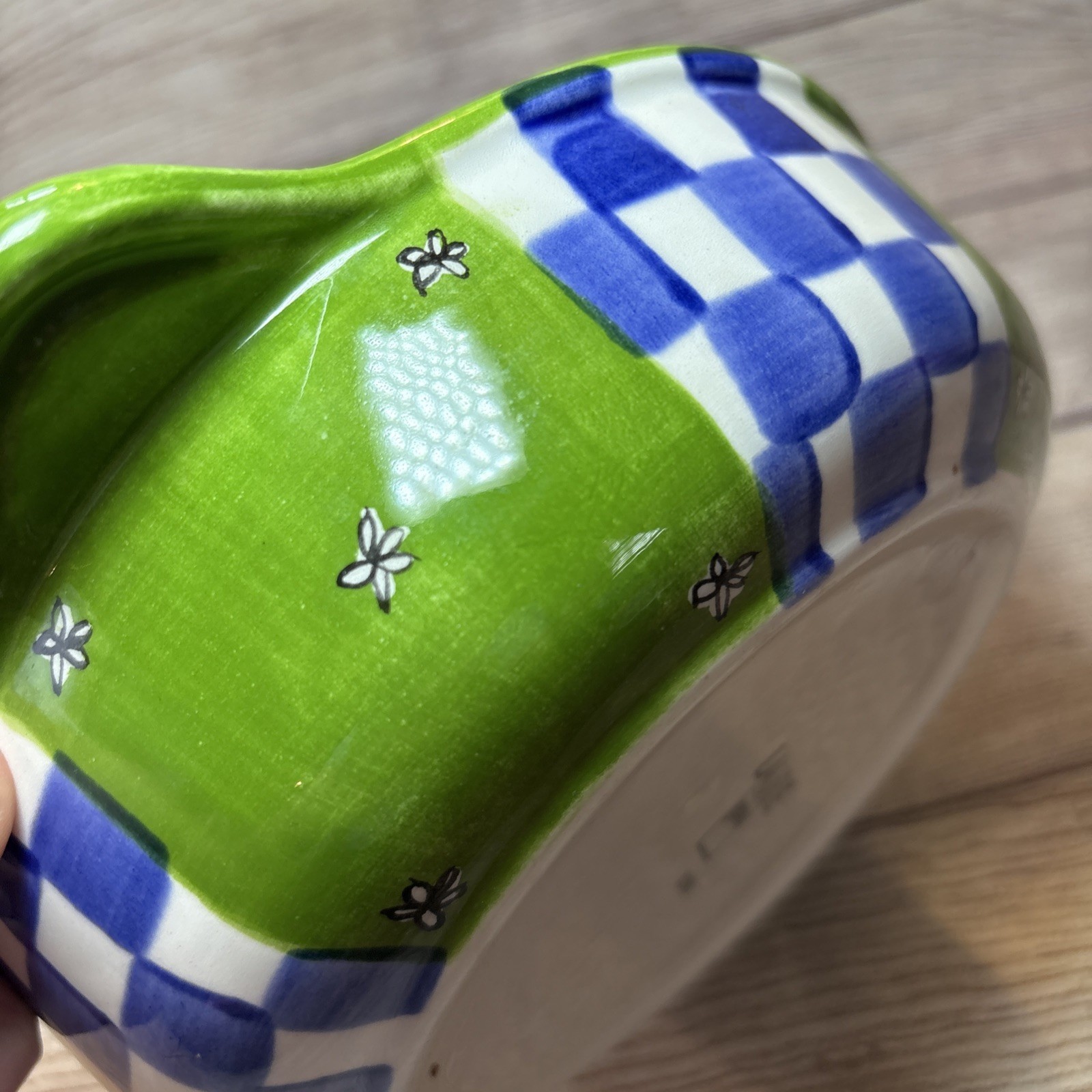Laurie Gates 2001 Ceramic Casserole Blue Green White Whimsical 10×7.5”