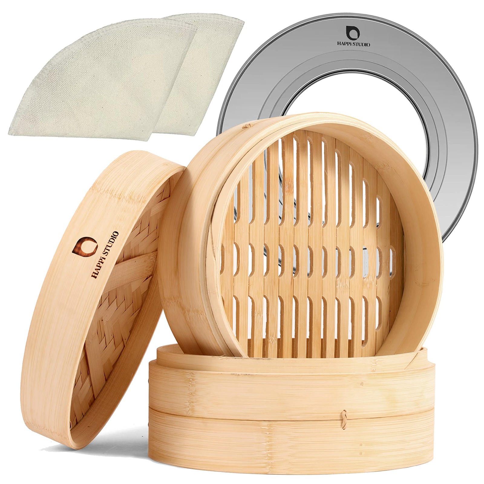 Bamboo Steamer Basket 10″ 2-Tier Natural Chinese Dumpling Momo Rice Bao Bun