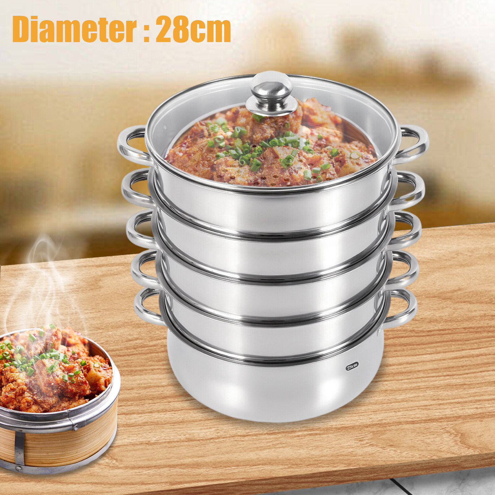 5 Tier 28cm Stainless Steel Steamer Set Dumpling Manty Steamer Pot Glass Lid