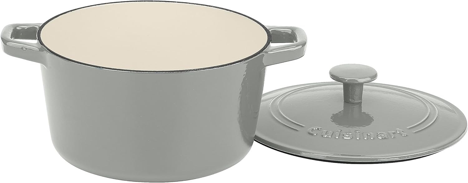 Enameled Cast Iron Round Covered Casserole Tea Grey 5-Quart Classic Cooking Pot
