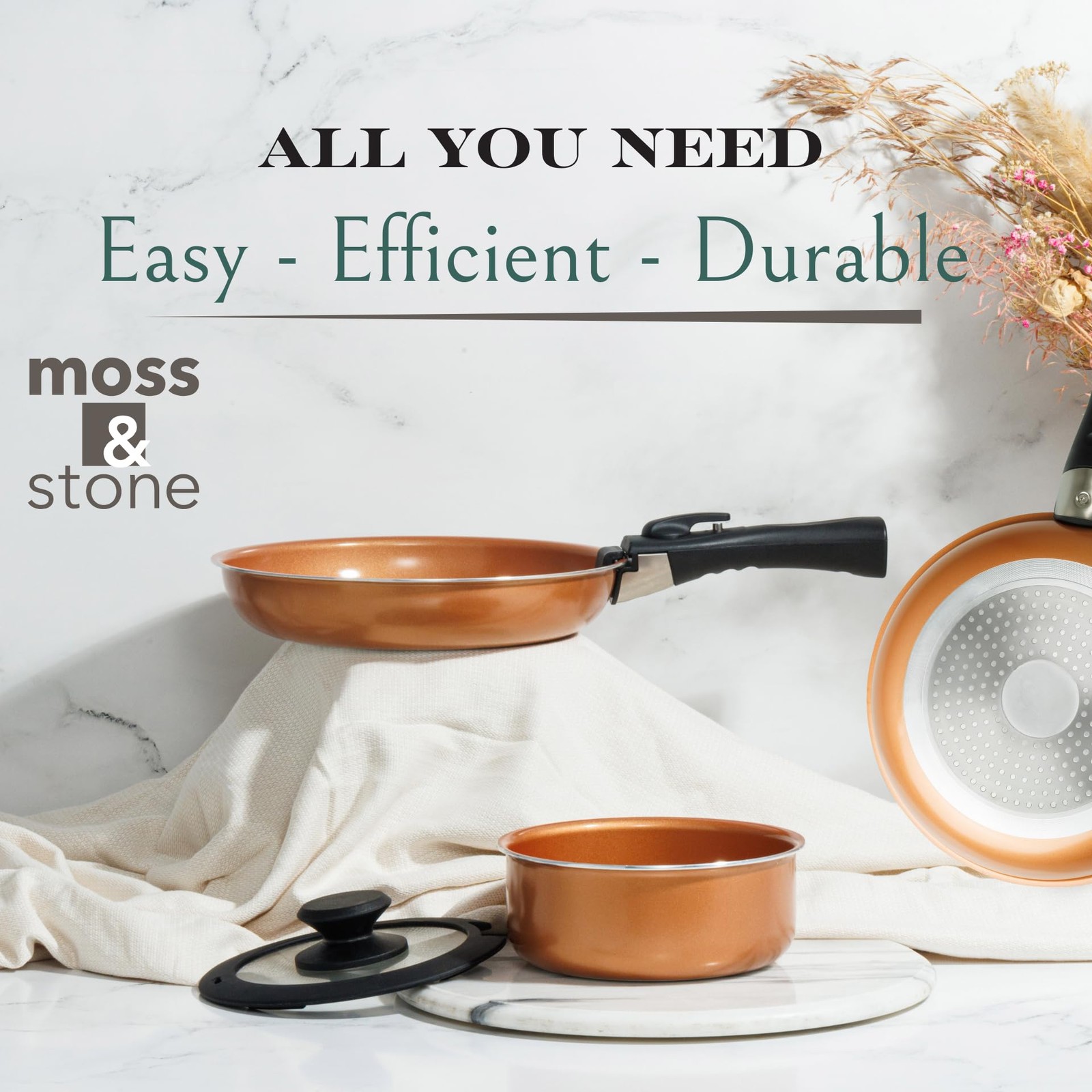 Moss & Stone Copper Pots And Pans Set Nonstick, Removable Handle Cookware, Stack