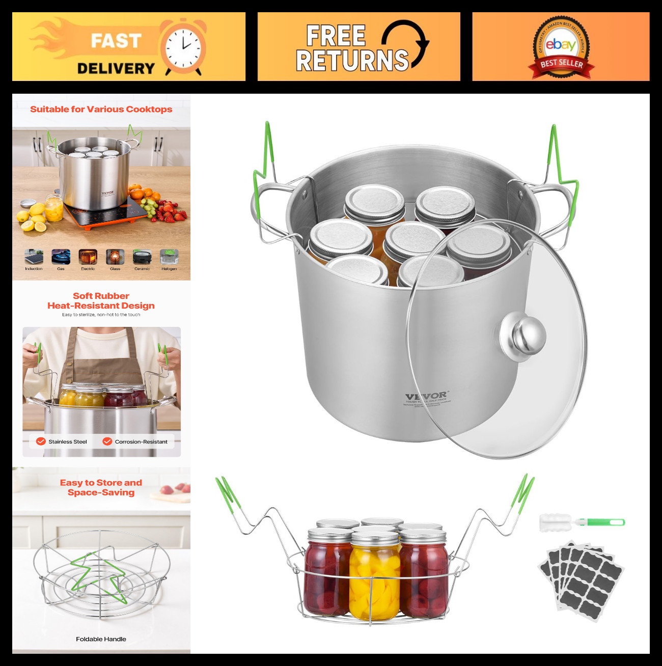 21 QT Stainless Steel Canning Pot with Rack & Lid, Induction & Gas Compatible