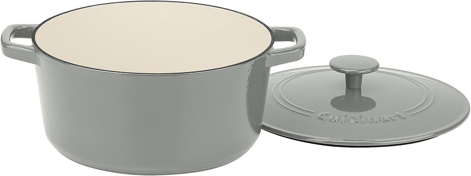 Enameled Cast Iron Round Covered Casserole Tea Grey 5-Quart Classic Cooking Pot