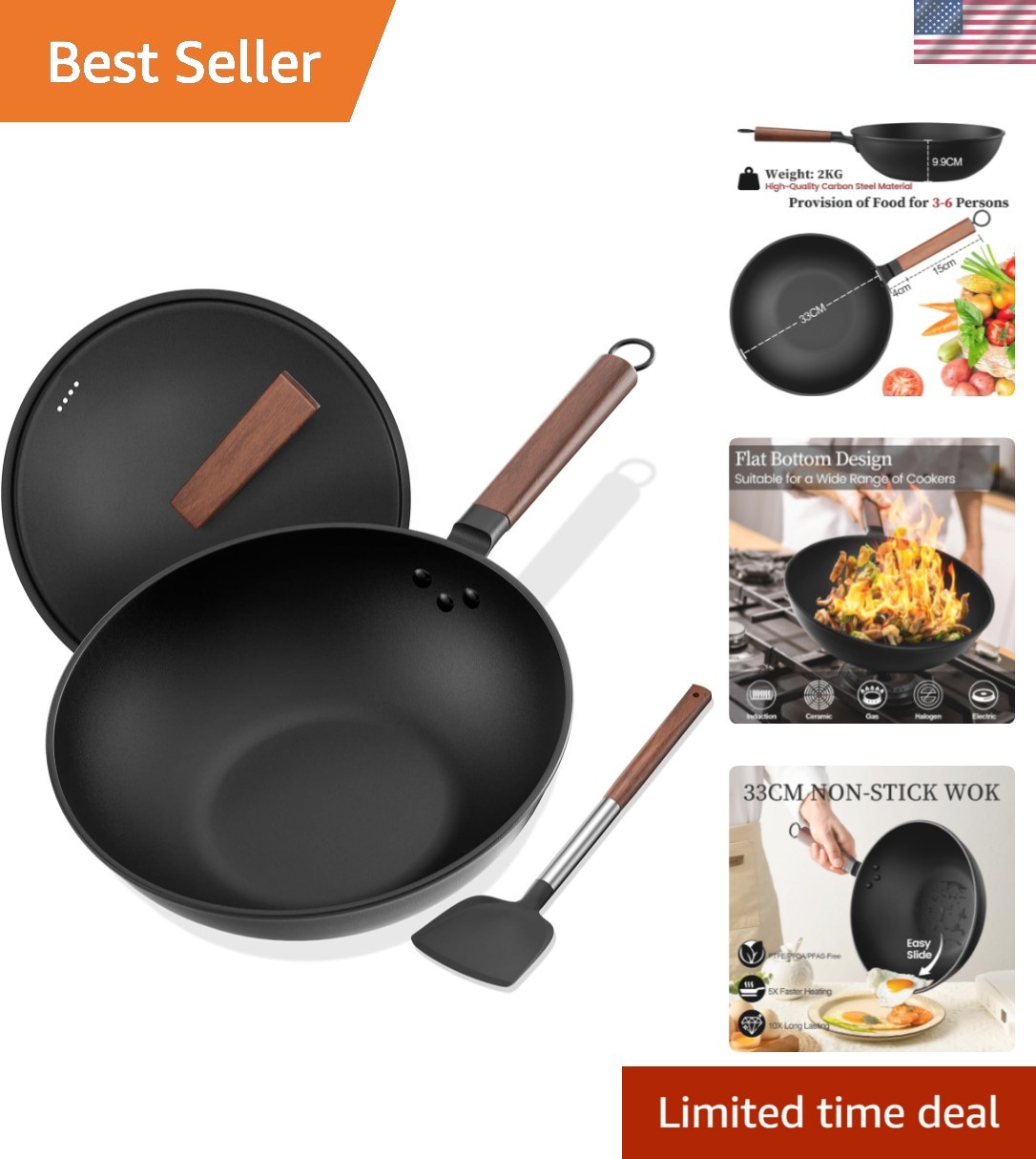 Carbon Steel Wok, 13-Inch, Pre-Seasoned, Non-Stick, with Lid and Spatula, Fla…