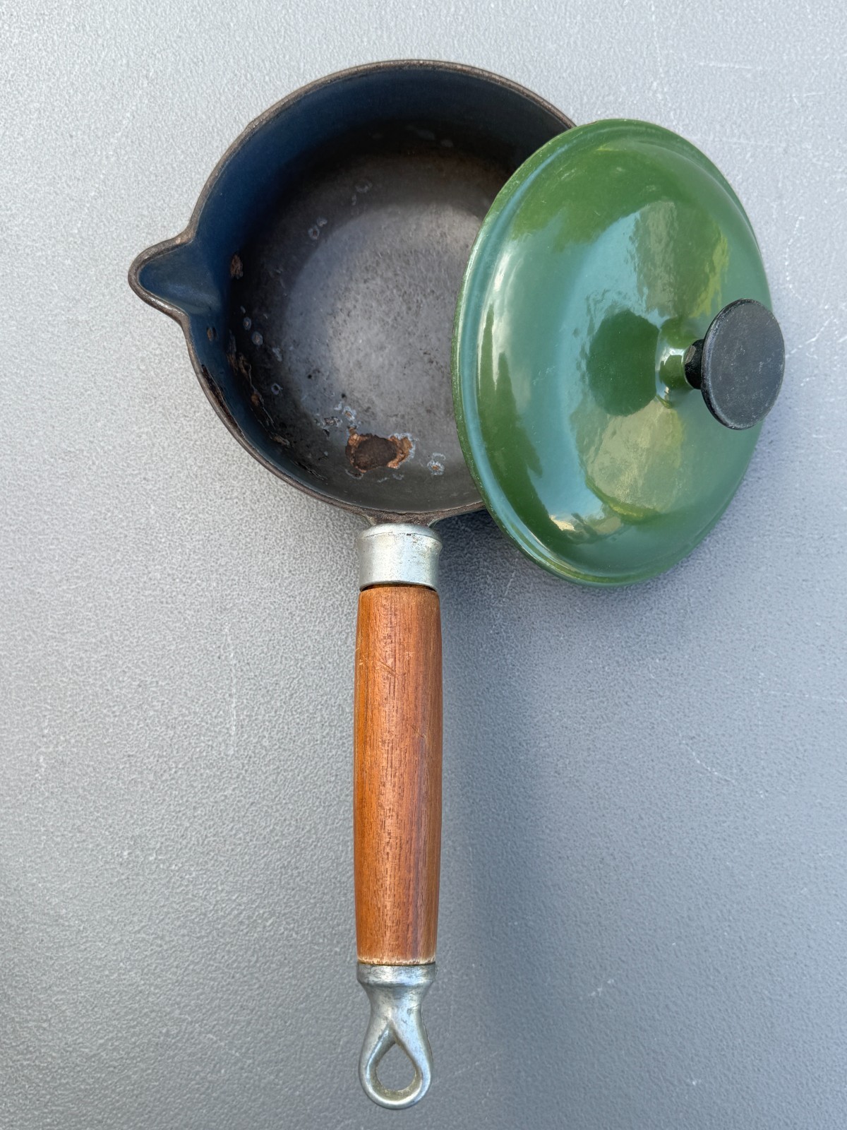 2 Vintage Lavec 1 Quart Saucepans Enameled Cast Iron: Red & Green w/Wood Handles