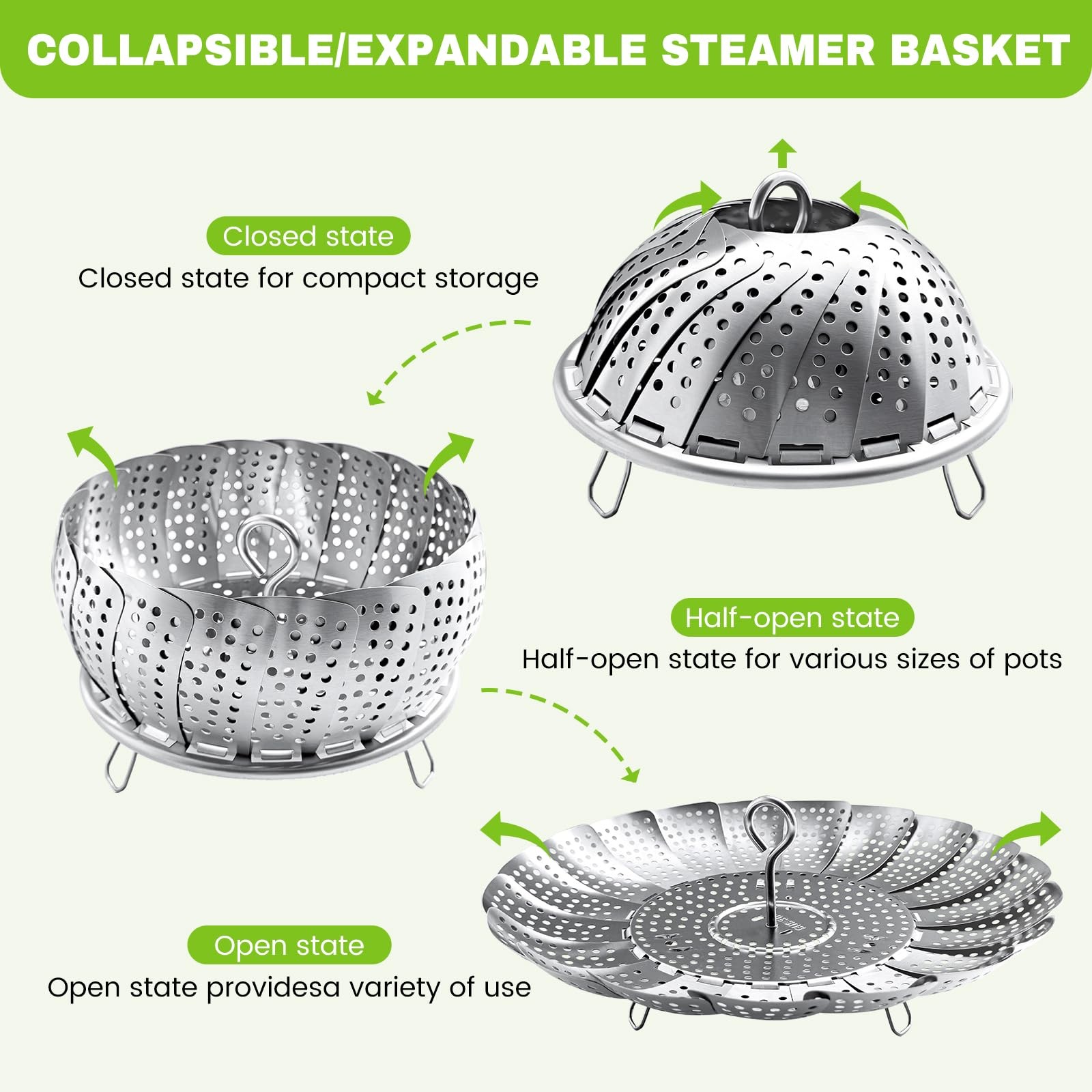 Steamer Basket Stainless Steel Expandable Medium (6.1″ to 10.2″) for Instant Pot