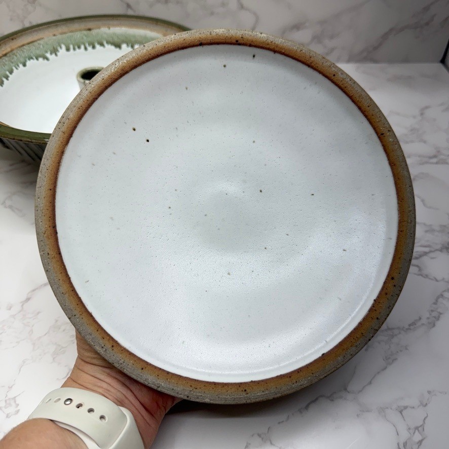 Vintage Green Ceramic Baking Dish Chimney Lid Roasting Even Cooking Signed Cozy