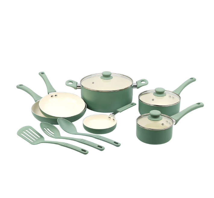 12 Piece Ceramic Nonstick Cookware Set Aluminum Pots Pans Green Kitchen