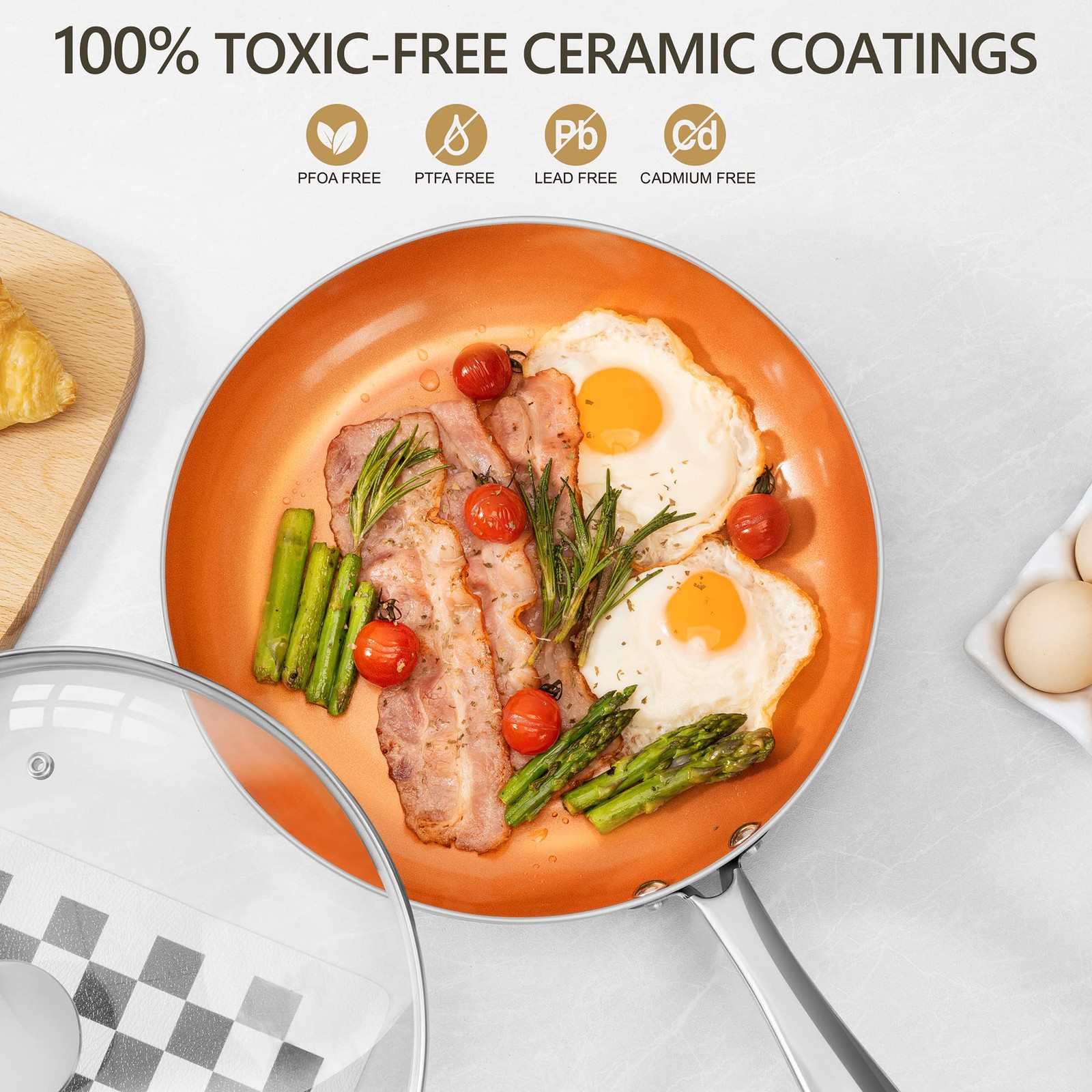 8 Inch Nonstick Frying Pan with Lid Ceramic Titanium Coating Copper Small Pan
