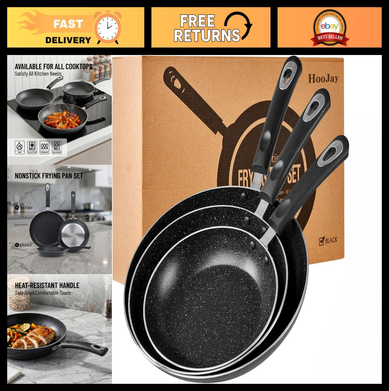 3-Piece Nonstick Frying Pan Set – Induction Compatible Skillets, 8″, 9.5″, 11″ O