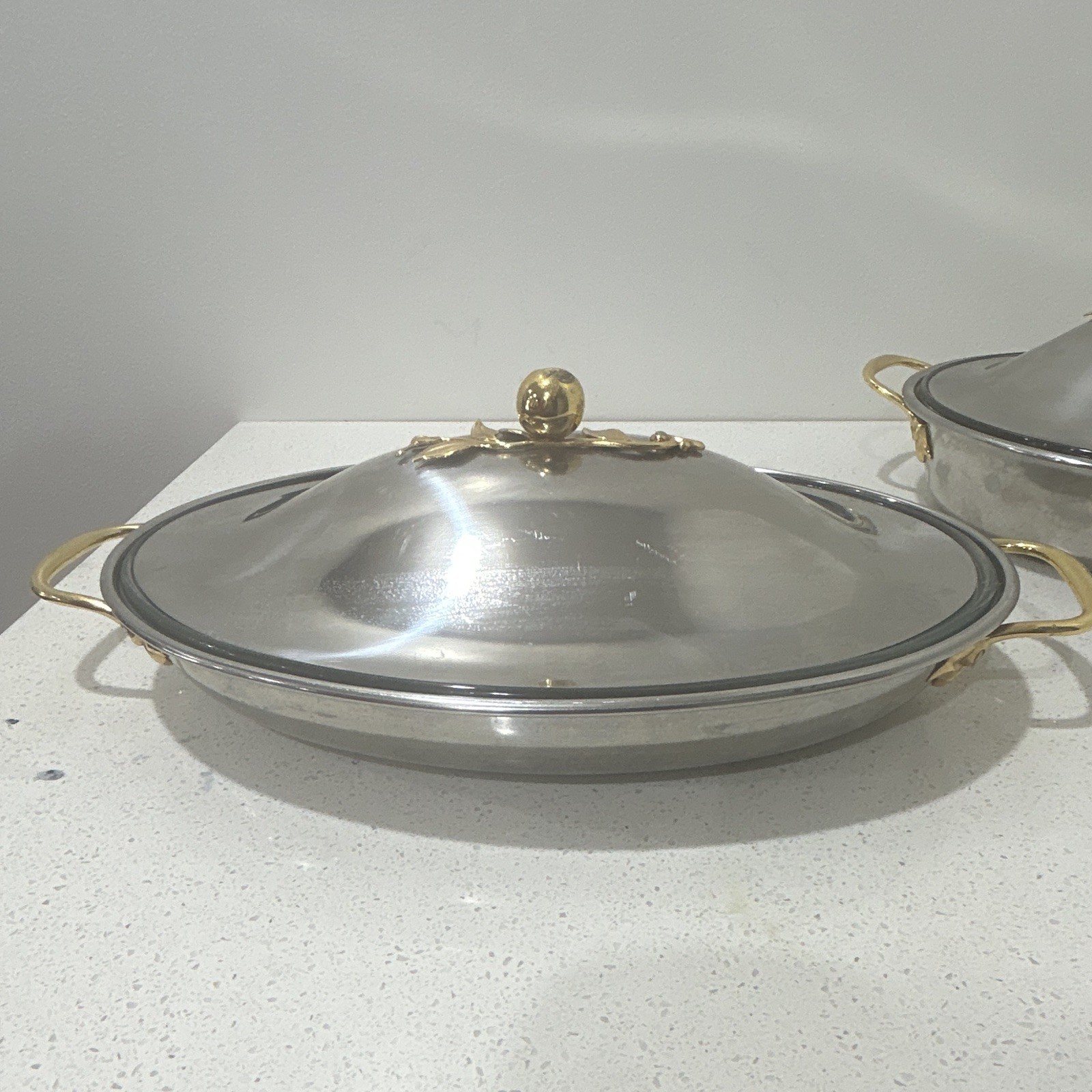 Stainless Steel Oval Saute Pan w/ Lid, Double Handles, Gold-Tone, 16 in